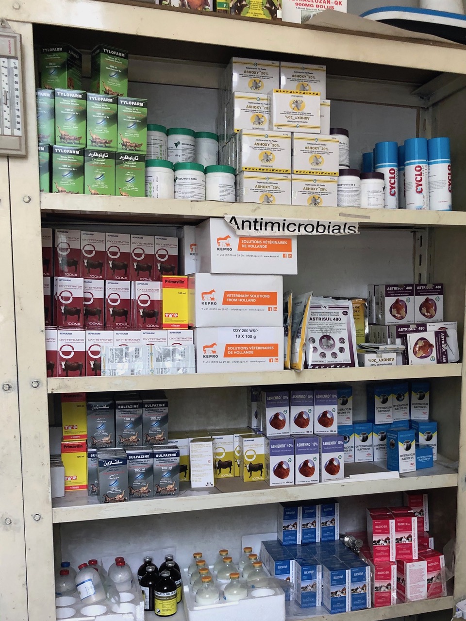 Drugs cabinet with Antimicrobials clearly labelled.